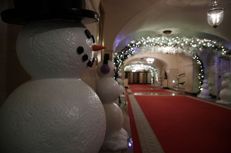 Holiday decorations are seen in the library of the White House.